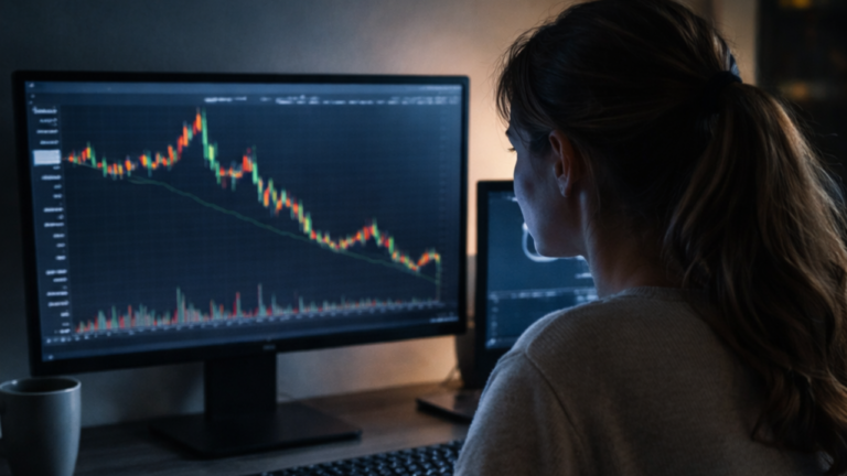 Woman feeling bored trading live.